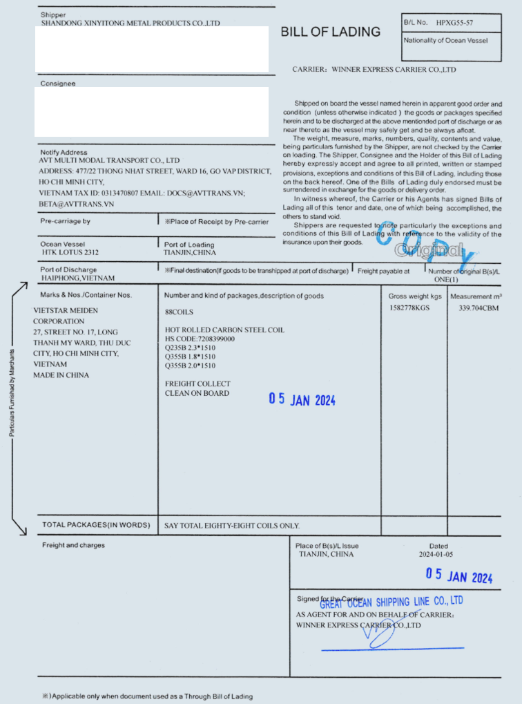 Một Bill of lading của tàu rời