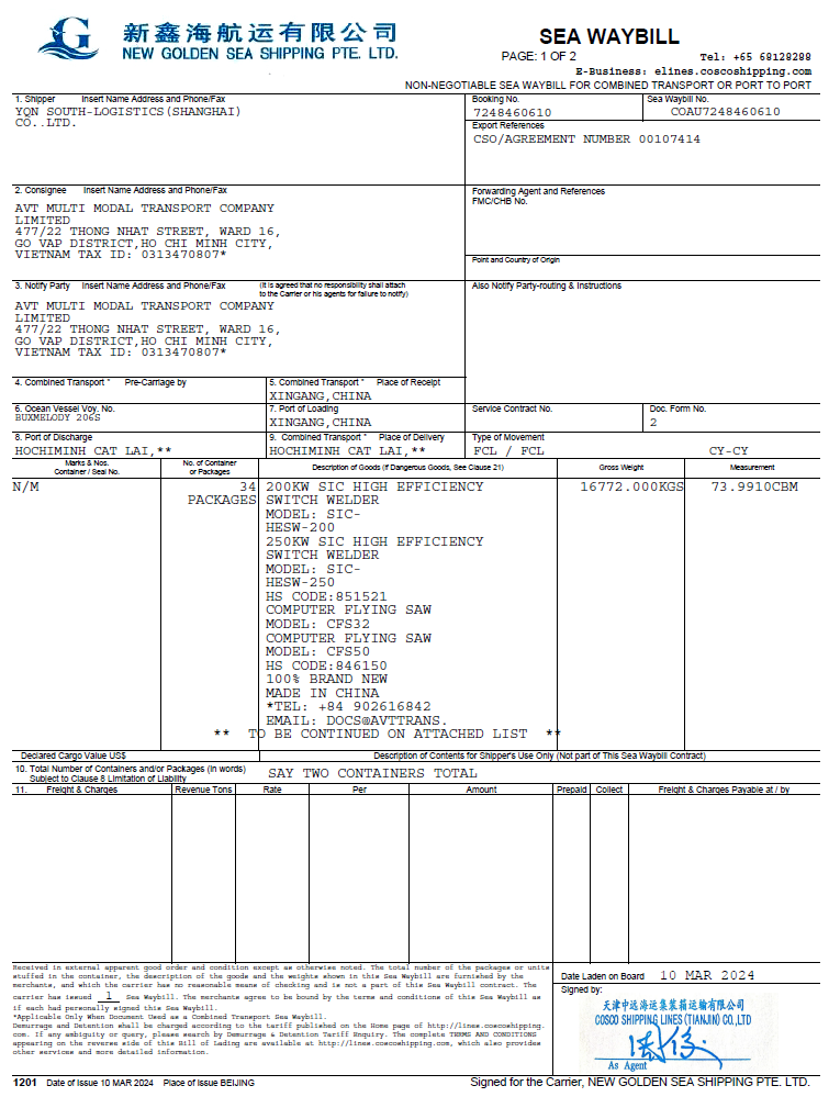 Một Bill of lading của tàu container